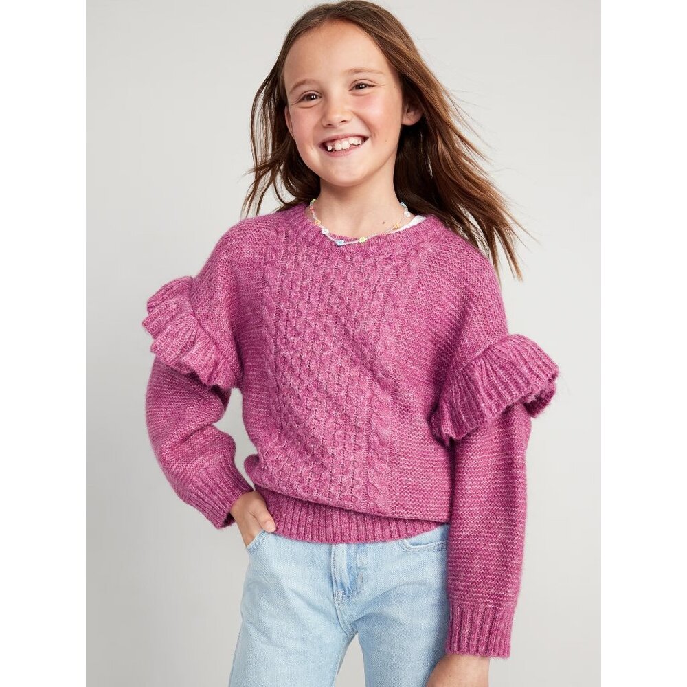 Old Navy Ruffle Crew Neck Pullover Cable Knit Sweater Artichoke Blossom Girls XL